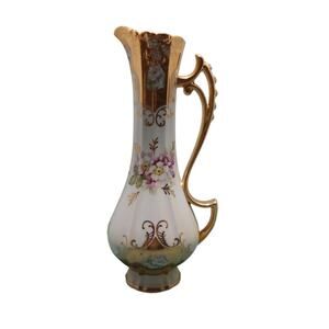 Vintage Royal Crown Hand Painted Pitcher Floral Gold Gilt Pattern 12 3/4" Tall